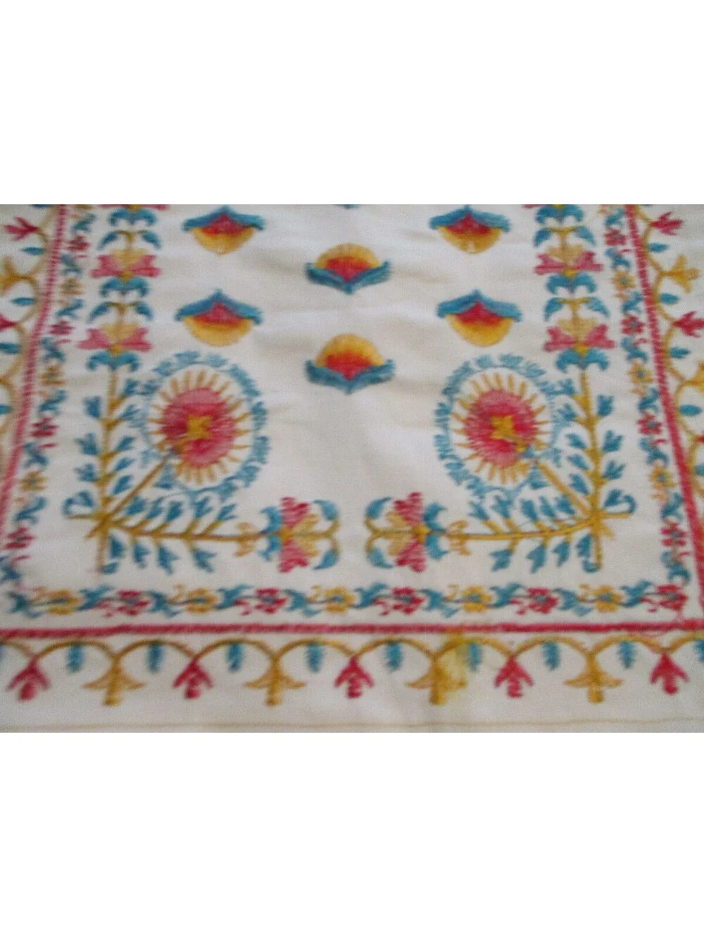Vintage Indian Style Embroidered Table Runner 96x12 Boho Geometric Trim Cream